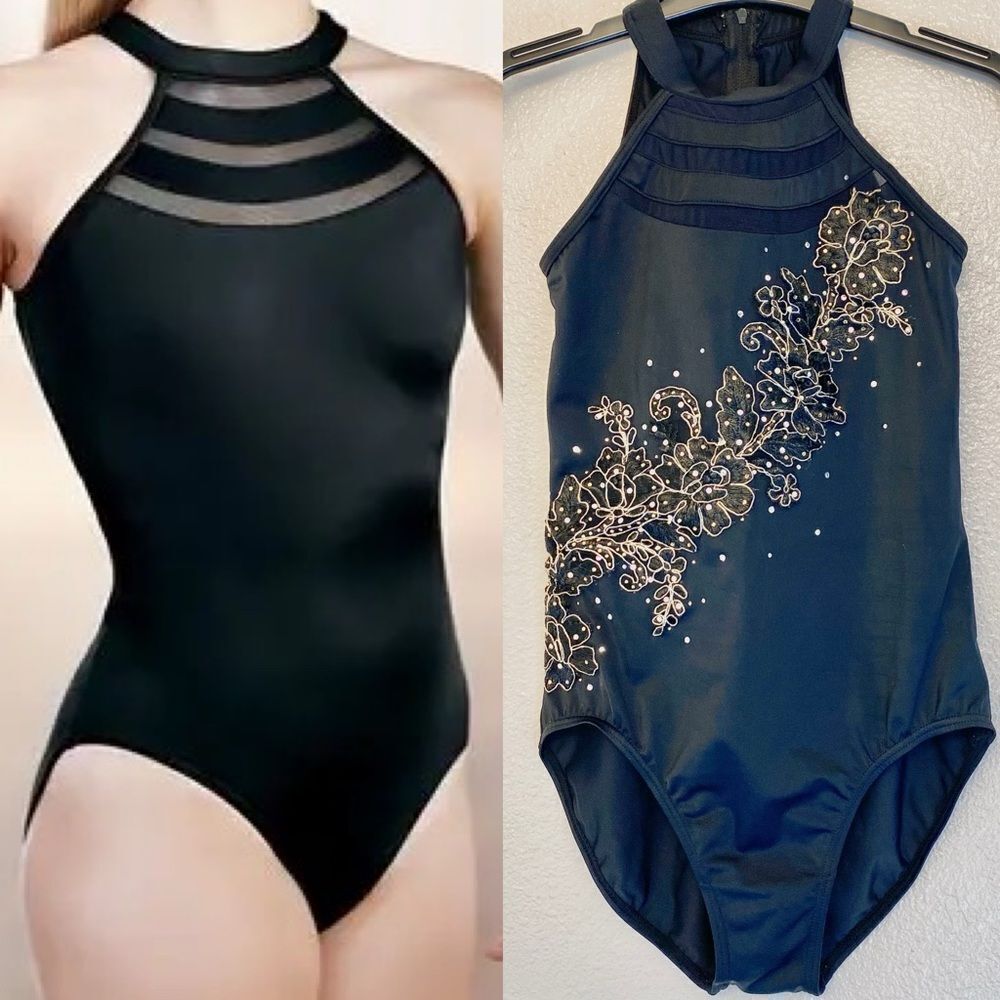 WEISSMAN Balera Dance solo Costume black gold lace rhinestones Leotard MT9822 SA